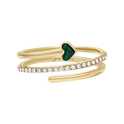 Fingerring FOSSIL "Schmuck Geschenk Edelstahl Ring JEWELRY Herz" Gr. 19, bunt (gelbgoldfarben, kristallweiß, grün), Fingerringe, Damen, 19, Edelstahl, 1,1mm, Fingerring, mit Glasstein, Malachit
