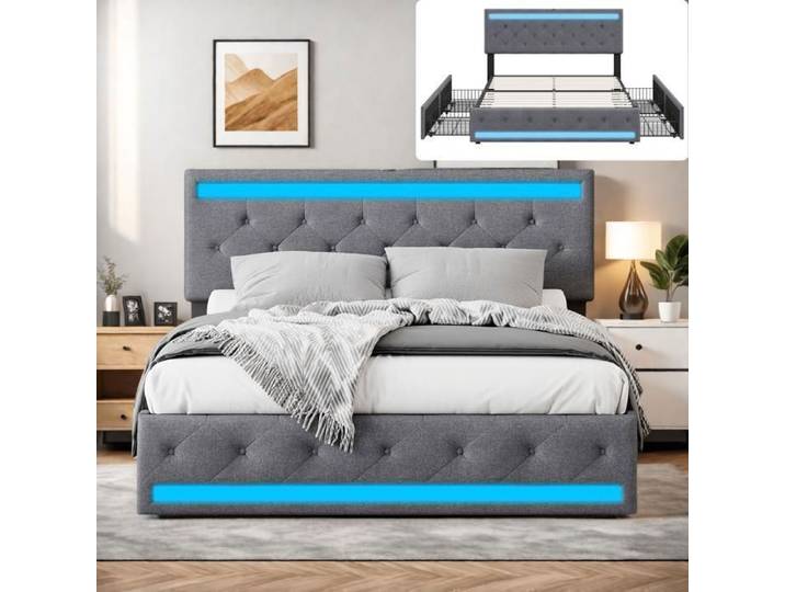 Lit double rembourré - EIFSON - 140x200 - LED intégrée - 4 tiroirs - Prise USB