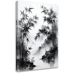 LEINWANDBILD Bambusblätter Landschaft Schwarz-Weiß 60x90cm