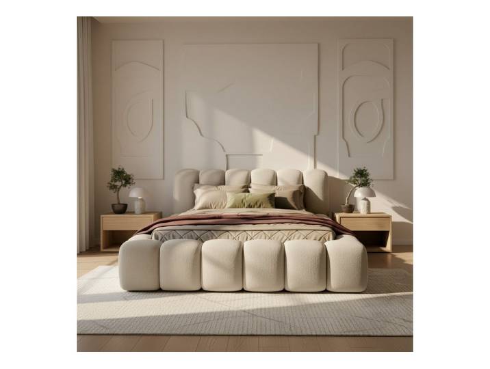 thematys Polsterbett mit Bettkasten, CLOUD 140x200 160x200 180x200 200x200cm (Kopfteil im Oversize-Look und Stauraum – weich, modern und pflegeleicht), hochwertiger Bouclé-Stoff in Kreme und Latte, Inklusive Lattenrost: Holzrahmen,hochwertiger Stoff), hochwertiger Bouclé-Stoff in Kreme und Latte