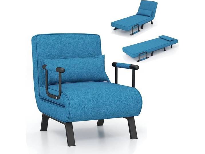 RELAX4LIFE Fauteuil Convertible à 6 Positions Réglables Canapé-Lit Pliable avec Coussin Housse Déhoussable Bleu
