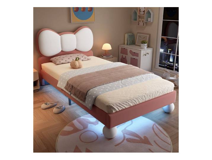 Flieks Polsterbett, Led Kinderbett Einzelbett 90x200cm mit Schleifeform-Kopfteil