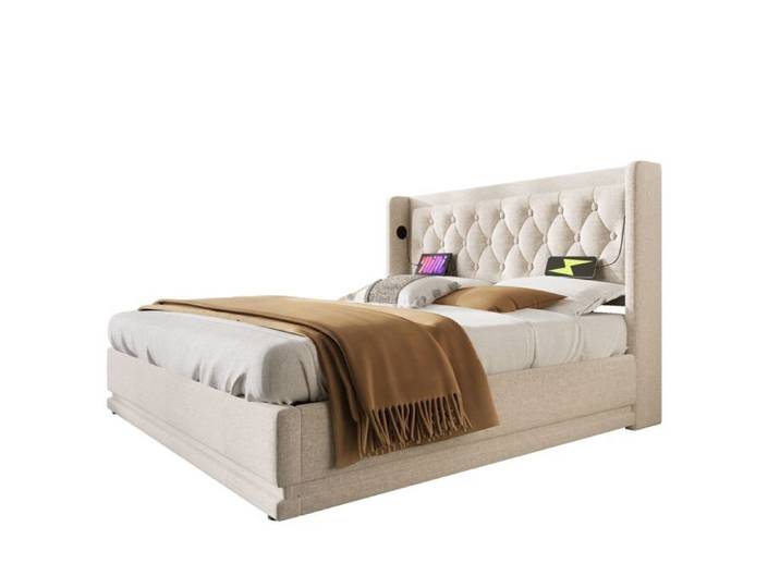 140x200 cm Polsterbett Doppelbett in Beige Baumwollmaterial LED Funktion gepolstertes Kopfteil mit USB Typ-C Ladeanschluss