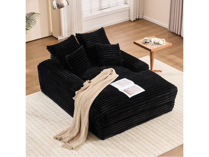 Méridienne convertible 137 x 175 cm en velours côtelé noir mousse à mémoire de forme 4 coussins sans montage