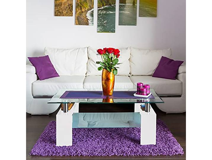 Dmora Moderner Couchtisch, Platte aus gehärtetem Glas, Wohnzimmertisch mit Regal, 110x60h52 cm, weiße Farbe