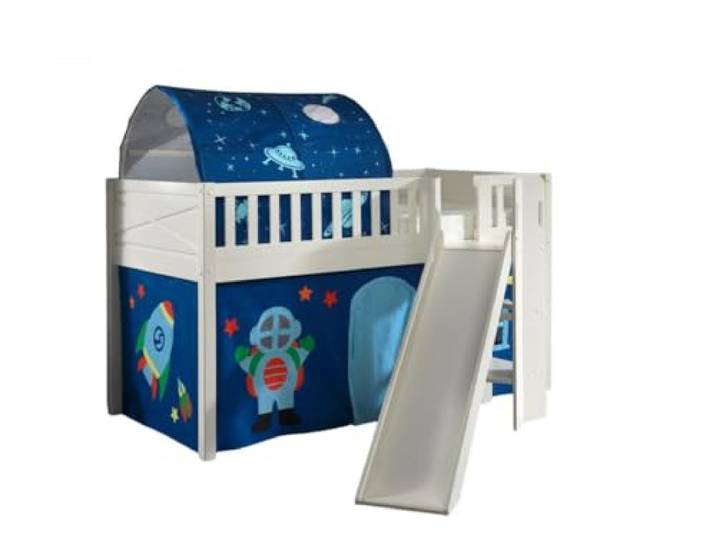 Halbhochbett Scottie 90x200 cm mit Rutsche, Astronautenspielvorhang und Betttunnel-weiß