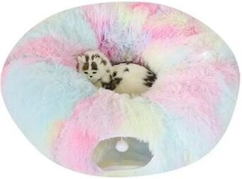 Inspired Finds CozyTunnel Plush Donut Cat Tunnel Bed With Peekaboo Play Cave & Hanging Balls pastel Rainbow Nest