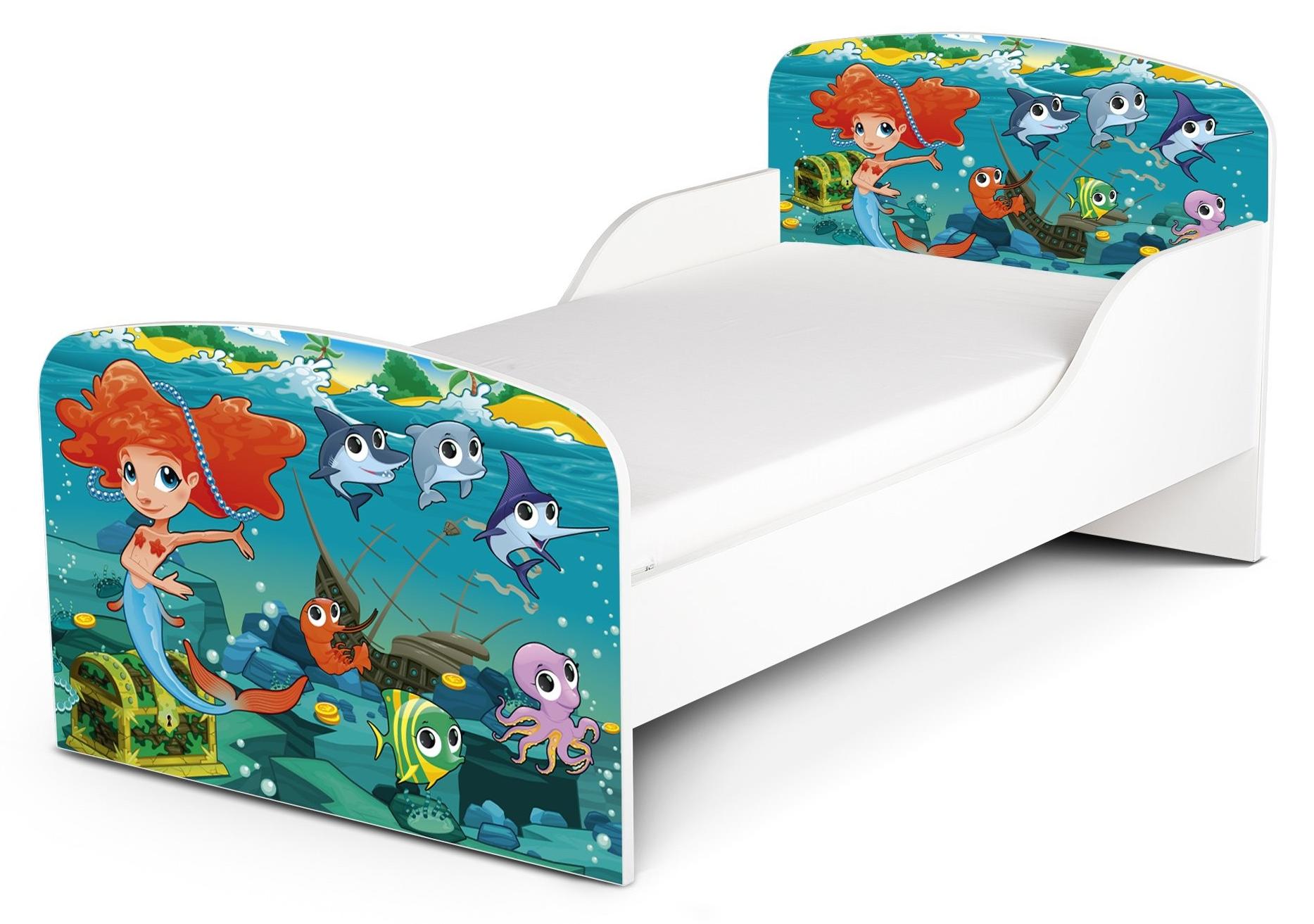 Modernes weißes Kinderbett mit Matratze 140x70cm und UV-Druck (Die kleine Meerjungfrau)