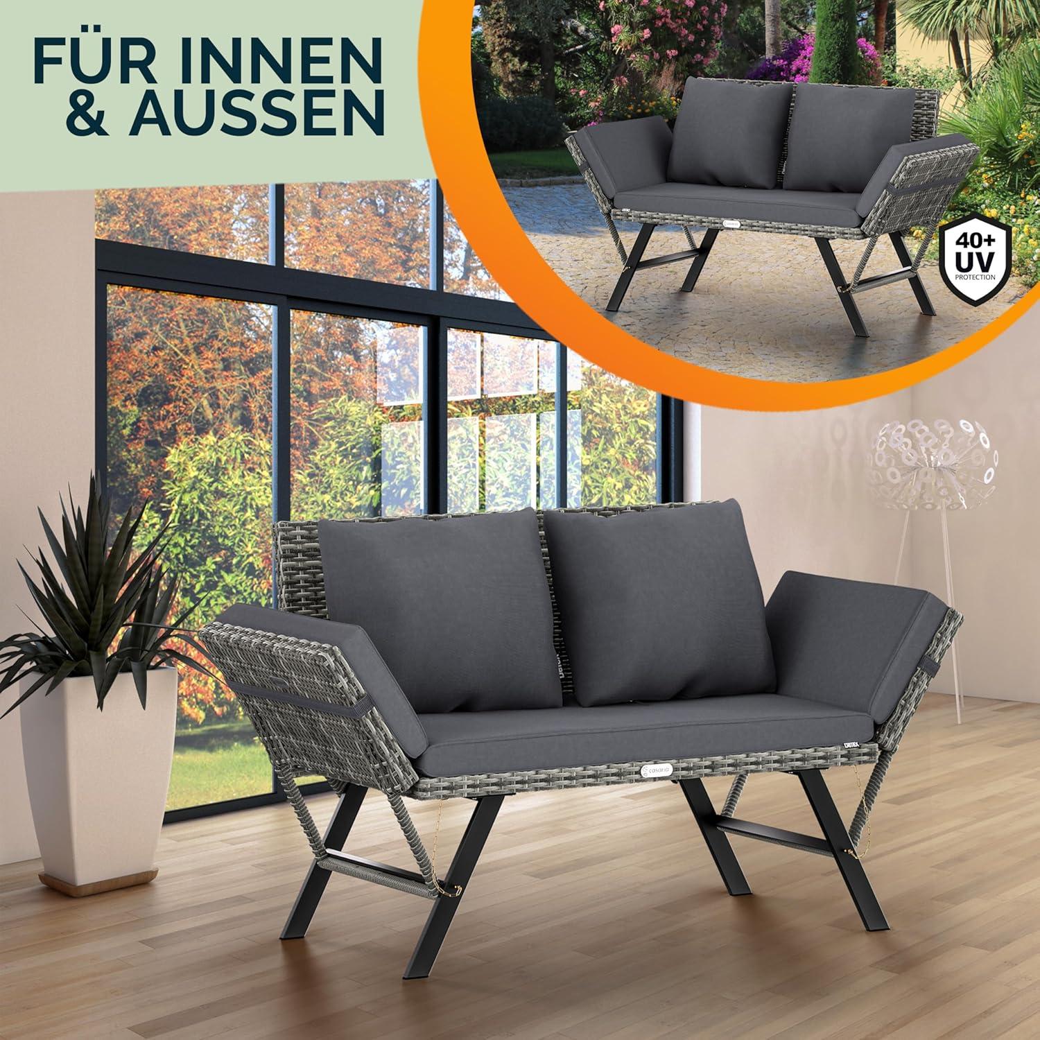 Gartenbank mit verstellbaren Armlehnen - 2 Sitzplätze - Polyratan - Grau - Gartenmöbel - Loungesofa
