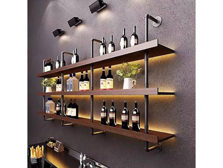 Valdoza Moderne Metall Wandmontiertes Wein Display Rack, Multifunktionales Weinregal für Bar, Wandbar L31.4xH28.7IN(80X73CM)(L4, Braun