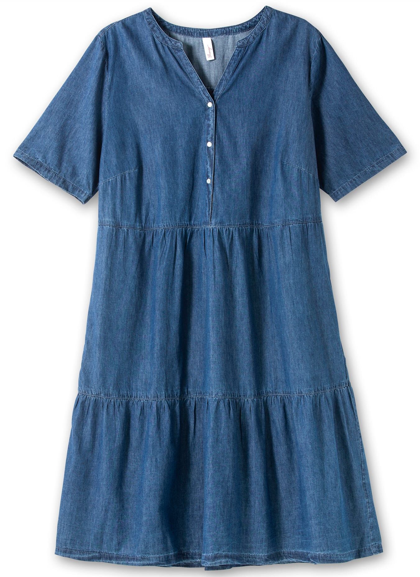Jeanskleid SHEEGO "Jeanskleid", Damen, Gr. 42, Normalgrössen, blau (blau denim), 100% Baumwolle, unifarben, knielang, V-Ausschnitt, Kleider Jeanskleid blau denim 42, Normalgrössen