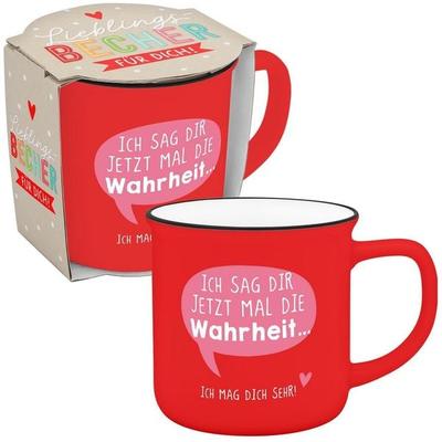 Becher in Emailloptik 'Ich sag dir jetzt mal die Wahrheit..Ich mag dich sehr!'