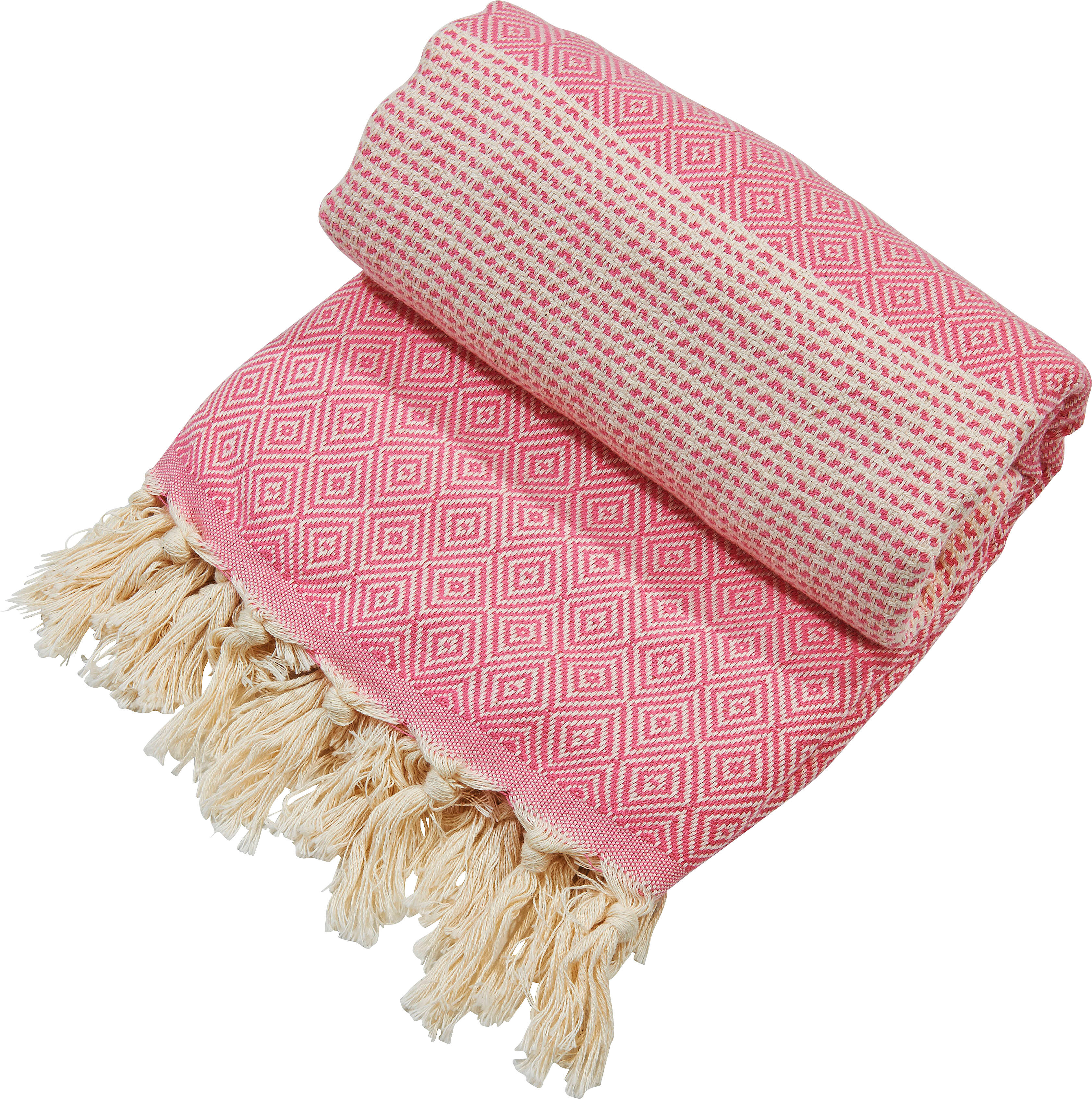 Plaid DONE. "Lounge Diamond", pink (pink, beige), B:100cm L:180cm, Baumwolle, Wohndecken, Plaid, Leichtes Plaid mit geknoteten Fransen pink, beige B/L: 100cm x 180cm