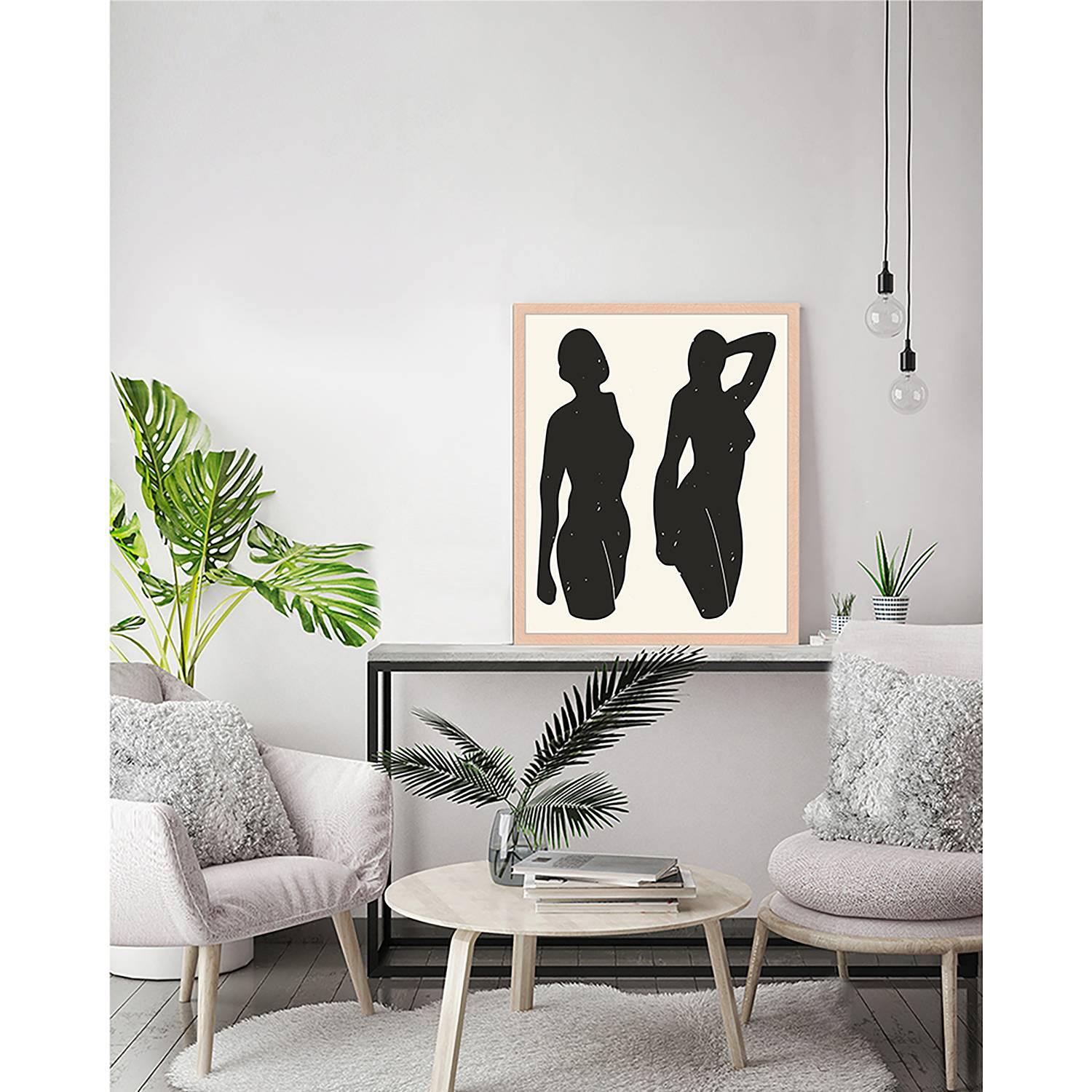 home24 Abstract Black Bodies Wanddecoratie met Beukenhout Frame, Beige, 43 x 53 cm