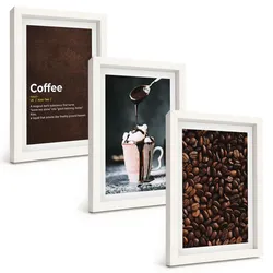 BILDER SET 3er Set - 20x30 cm Weißer Rahmen - Kaffeegetränk mit Schlagsahne