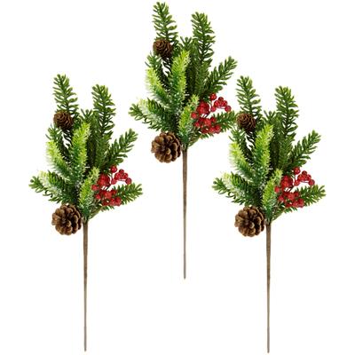 Winterliche Kunstpflanze I.GE.A. "Kunstzweig, Weihnachtsdeko", bunt (grün, rot), B:16cm H:45cm T:7cm, Kunststoff, Kunstpflanzen, mit echten Zapfen und Beeren, 3er Set, grün, rot, natur