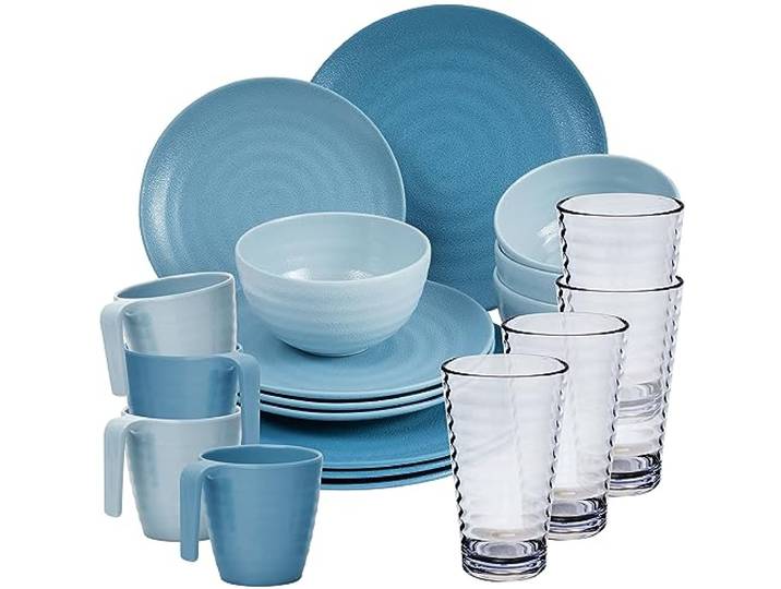 Melamin Geschirr Set 20 Teile elegante Steingut Optik blau mit 400ml klar 4