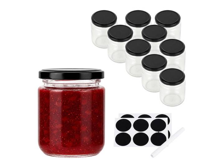 Relaxdays Einmachgläser Transparent Schwarz 10er-Set 200 ml, Glas, Metall, Küchenzubehör, Vorratsbehälter, Einmachgläser
