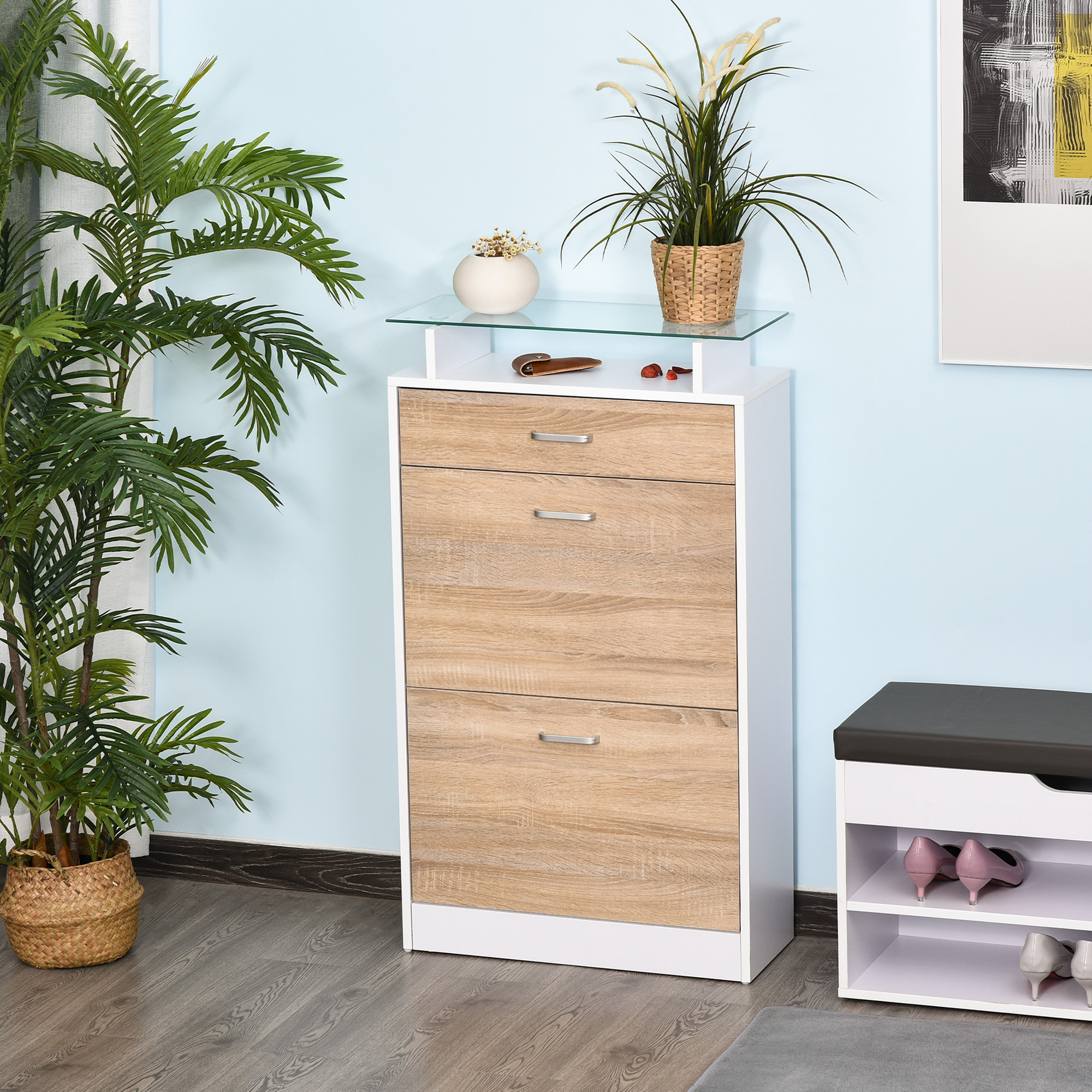 Homcom Armadio per Scarpe Mobile per Scarpe 2 Ante ribaltabili 2 Compartimenti, cassetto, Piatto in Vetro - Legno rovere Bianco