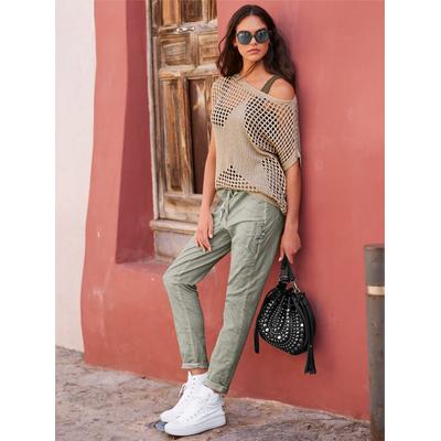 Kurzarmpullover HEINE "Pullover", Damen, Gr. 42, beige (sand), 70% Polyacryl, 20% Polyamid, 10% metallisierte Fasern, unifarben, Pullover