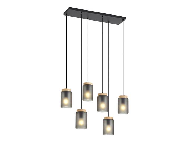 Suspension moderne noire avec bois et verre gris mat 6 lumières -