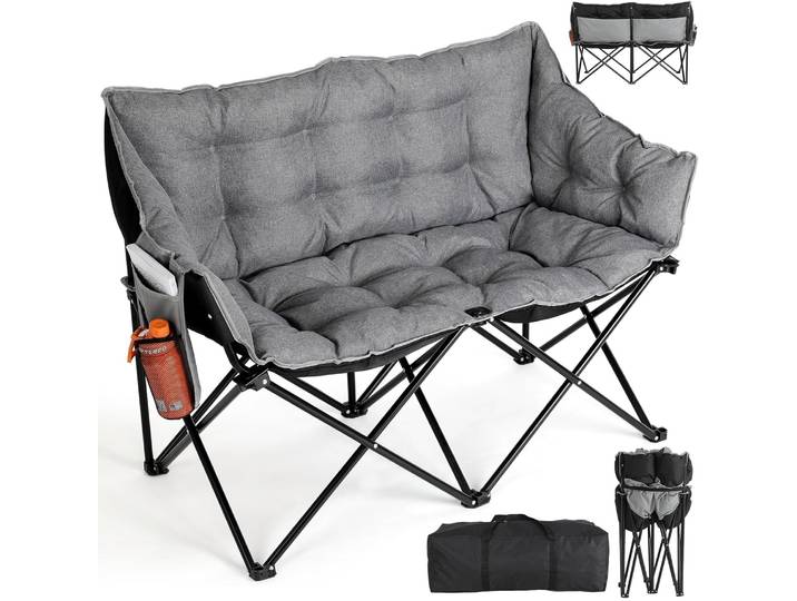 Chaise de camping double surdimensionnée pliable pour 2 personnes, canapé de camping, chaise lune rectangulaire rembourrée, siège de camping rembourré, capacité 320 kg