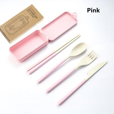 Modern Home Fixes Travel Tableware Set Wheat Straw Camping Cutlery Detachable Dinnerware pink