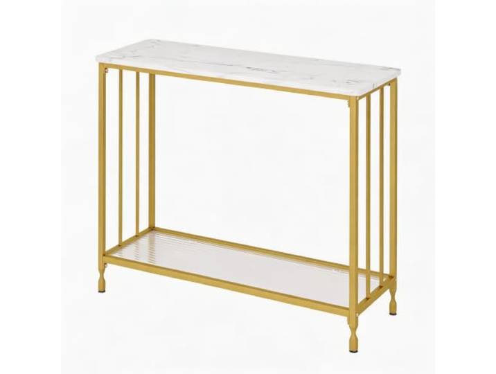 Hapterouse Konsolentisch Gold, Metallgestell, Marmor-Optik, 85 x 30 x 81 cm 2 Ebenen, Glasablage, verstellbare Füße, kratzfest – Beistelltisch für Flur, Diele, Wohnzimmer und Eingangsbereich