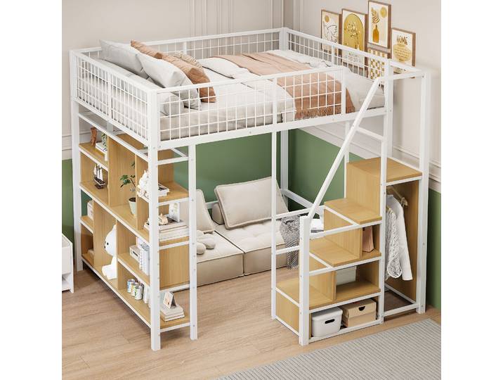 Lit Mezzanine 140x200cm - Lit Enfant En Métal Avec Rangements\, Étagères Et Escalier - Blanc