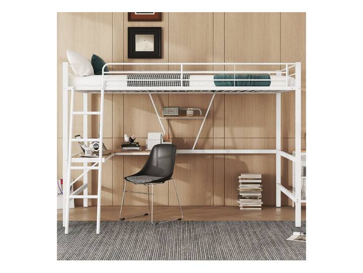 MODFU Metallbett Hochbett mit Schreibtisch (mit L-förmigem Schreibtisch und einem Regal, 90x200cm), ohne Matratze