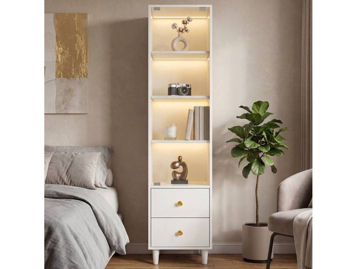 Vitrine meuble rangement LED 40x35x165 cm avec porte vitrée 2 tiroirs blanc MDF et verre style moderne JOINERY