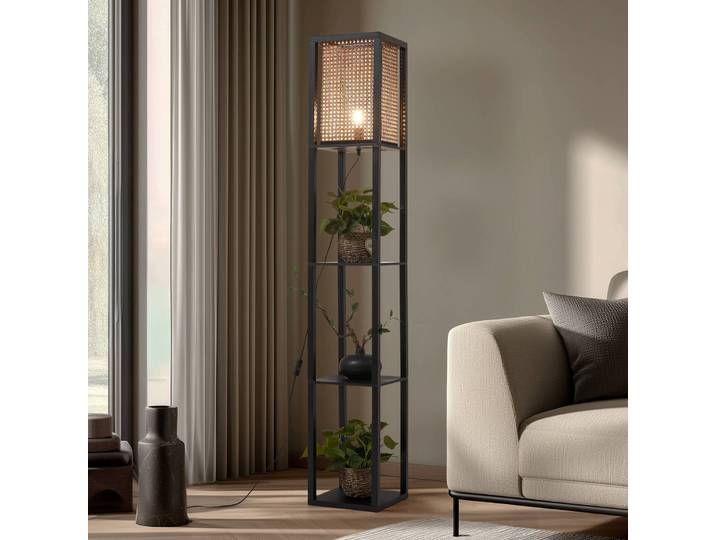 Stehlampe Birta Lindby, schwarz, für Wohn- / Esszimmer, Holz, Modern, Stehlampe