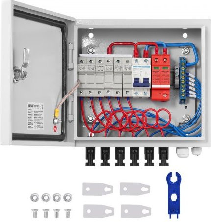 Vevor 6-String PV Combiner Box met 15A zekering, 125A stroomonderbreker, bliksemafleider en zonneconnector, stalen behuizing voor on-/off-grid zonnepaneelsystemen, IP65
