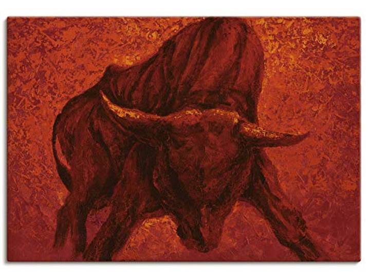 ARTLAND Wanddeko Leinwand Bilder Wandbild 100x70 cm Stier Tiere Spanien Stierkampf Katalonien Malerei Modern Rot T4IU