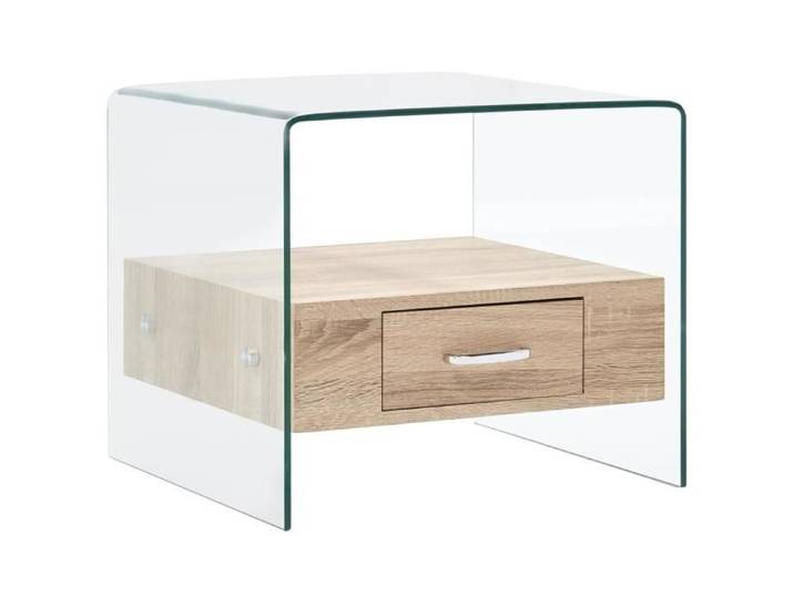 Table basse - FYDUN - 50x50x45 cm - Verre trempé - Tiroir en bois de chêne - Design contemporain