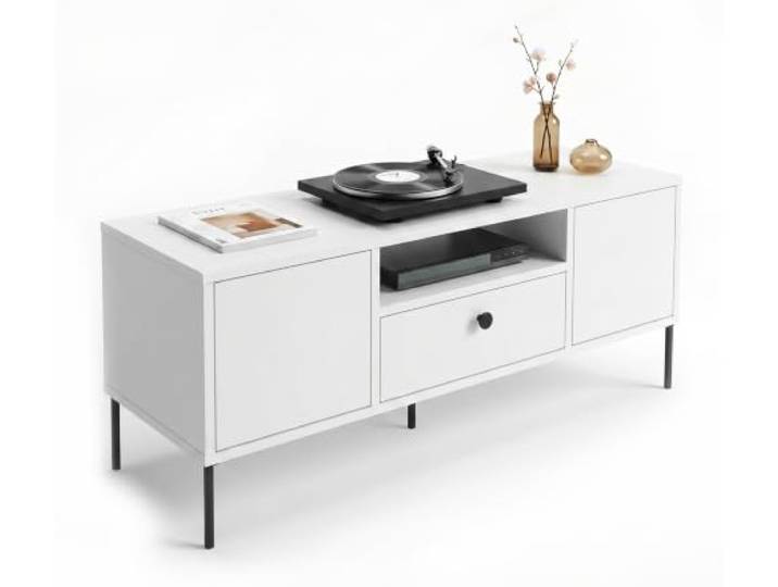 CraftPAK TV Lowboard TV Schrank mit Stauraum Fernsehtisch mit 2 Türen, Schublade & offenem Fach Retro Loft Design Weiß