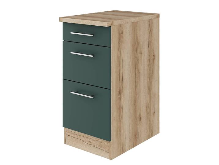 Schubladenunterschrank 40cm Grün/Grün/Wildeiche Dekor