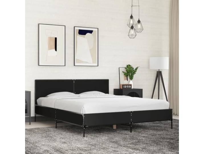 RJPLMFV Bettgestell, 160 x 200 cm, Schwarz Langlebiges Holzwerkstoff, Füße aus Metall, inklusive Latten, Kopfteil zur Unterstützung des Rückens