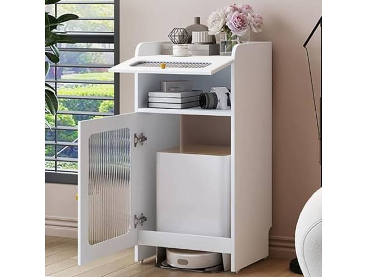Saugroboter Verstecken Schrank, Aufbewahrungsregal für Saugroboter Türen und Schubladen, Moderner Beistelltisch mit Rollen, Glastür, für Wohnzimmer, Büro und Küche(White)