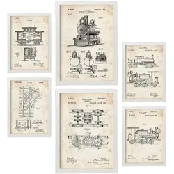 POSTER Set Mit 6 Plakaten Mit Zug Patenten Im Vintage Stil A3 & A4 Weißer Rahmen