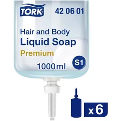 Tork, Handseife, Hair & Body Flüssigseife, Shampoo & Duschgel, S1 Spender, Premium Qualität, 6 x 1000 ml (Flüssigseife, 1000 ml)