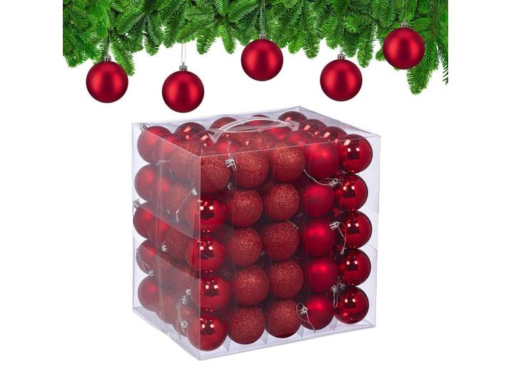 Relaxdays Weihnachtskugeln Rot 100er-Set, Kunststoff, Rund, 6x7x6 cm, Dekoration, Weihnachtsdekoration, Christbaumschmuck