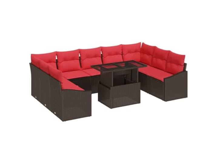 ZQQLVOO Sofa Set 10 STK. 9-Sitzanzahl Braun und Rot Poly-Rattan Modulare Konfiguration, Polyesterkissen, Sicherheitsglas-Tischplatte, höhenverstellbarer Tisch, UV-Schutz
