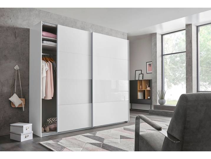 Schwebetürenschrank WIMEX Bramfeld Kleiderschrank , weiß (weiß, absetzung weißglas), B:270cm H:208cm T:64cm, Schränke, Schwebetürenschrank, mit Glaselementen und zusätzlichen Einlegeböden