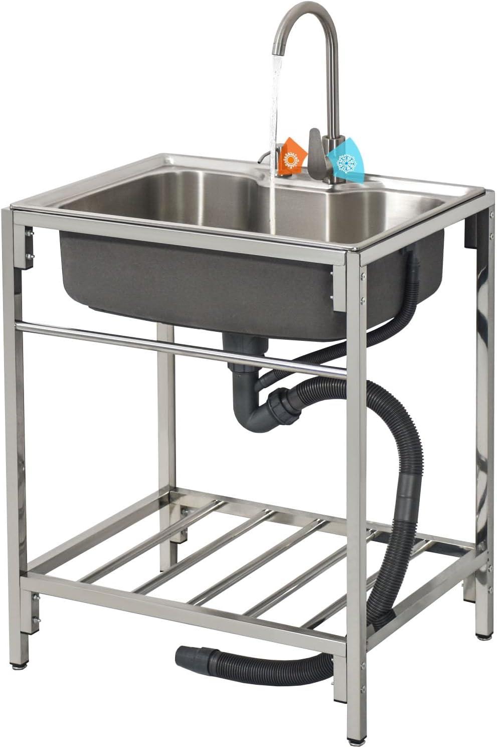 Edelstahl-Spüle für den Außenbereich, freistehendes Gartenspüle-Set mit heißem und kaltem Wasserhahn