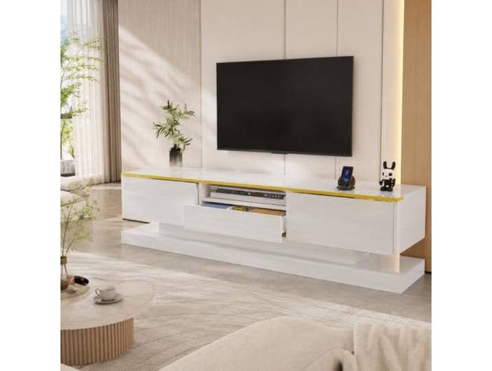 OLIVIBED TV Schrank mit 3 Schubladen, Hochglanz TV-Schrank mit LED, Fernsehschrank für 65-Zoll-Fernseher TV-Lowboard für Wohnzimmer und Esszimmer, Weiß，180x38x45cm
