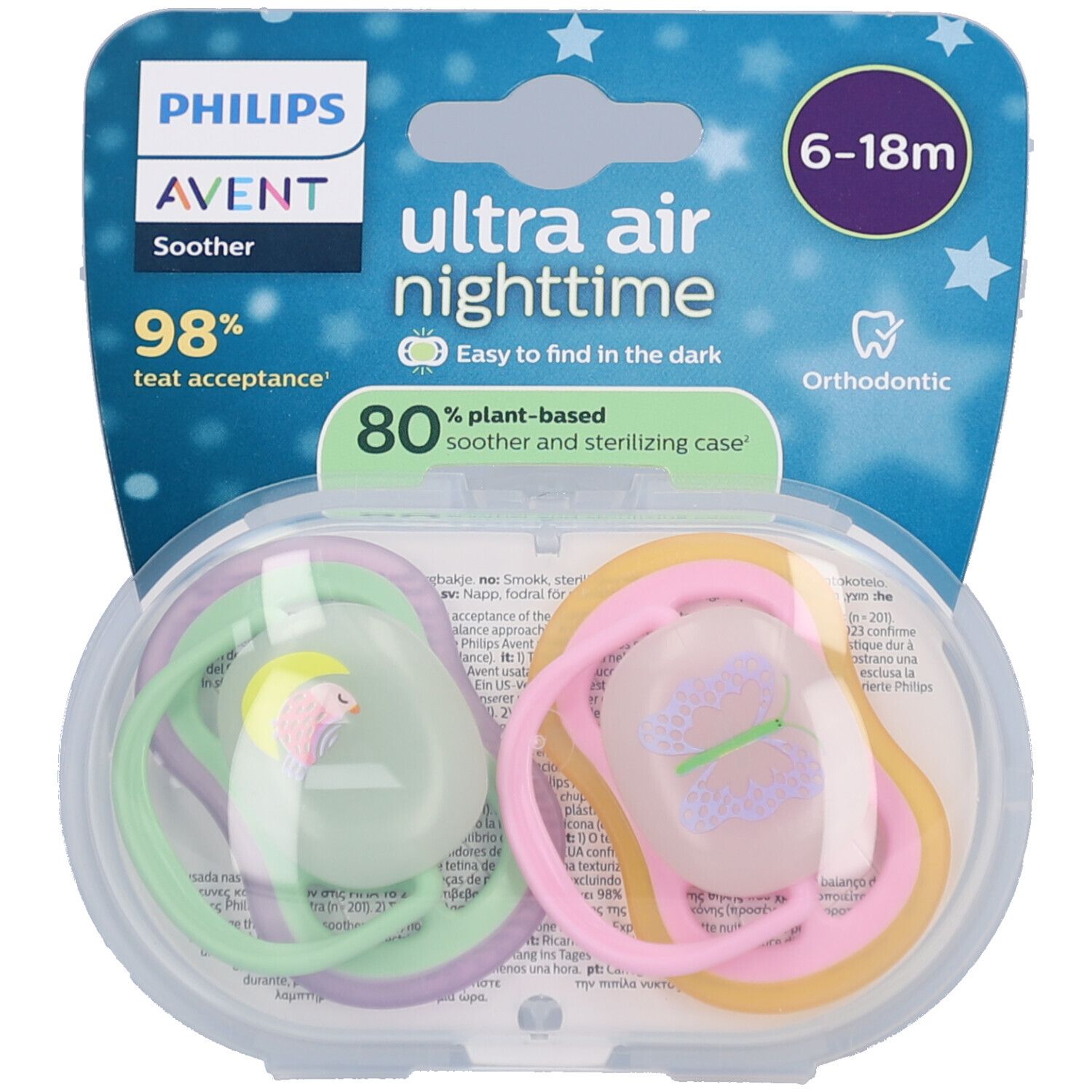 Philips Avent Fopspeen +6m Air Night vogel/vlinder 2st 2 St Schnuller