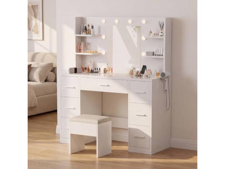 JUMMICO Großer Schminktisch mit dimmbarer LED-Beleuchtung & integrierten Steckdosen, Frisiertisch mit Spiegel und 7 Schubladen, Moderner Make-up Tisch für Schlafzimmer, Weiß