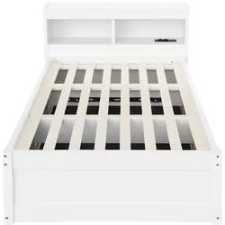 MODFU Multifunktionsbett MDF Weiß 220x95x70 cm mit hydraulischem Stauraum, LED-Lichtleiste und Steckdose