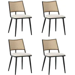 OKWISH Esszimmerstuhl Set 4 Rattan Rückenlehne PU Sitzkissen Schwarz 80x48x46 cm mit Metallgestell leichtes Design für Küche Wohnbereich